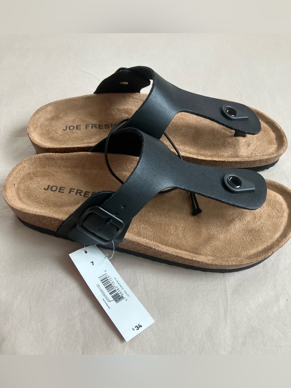 Joe Fresh Buckled T-Strap Sandals Size 7 Black Cork Footbed NWT - Picture 10 of 11